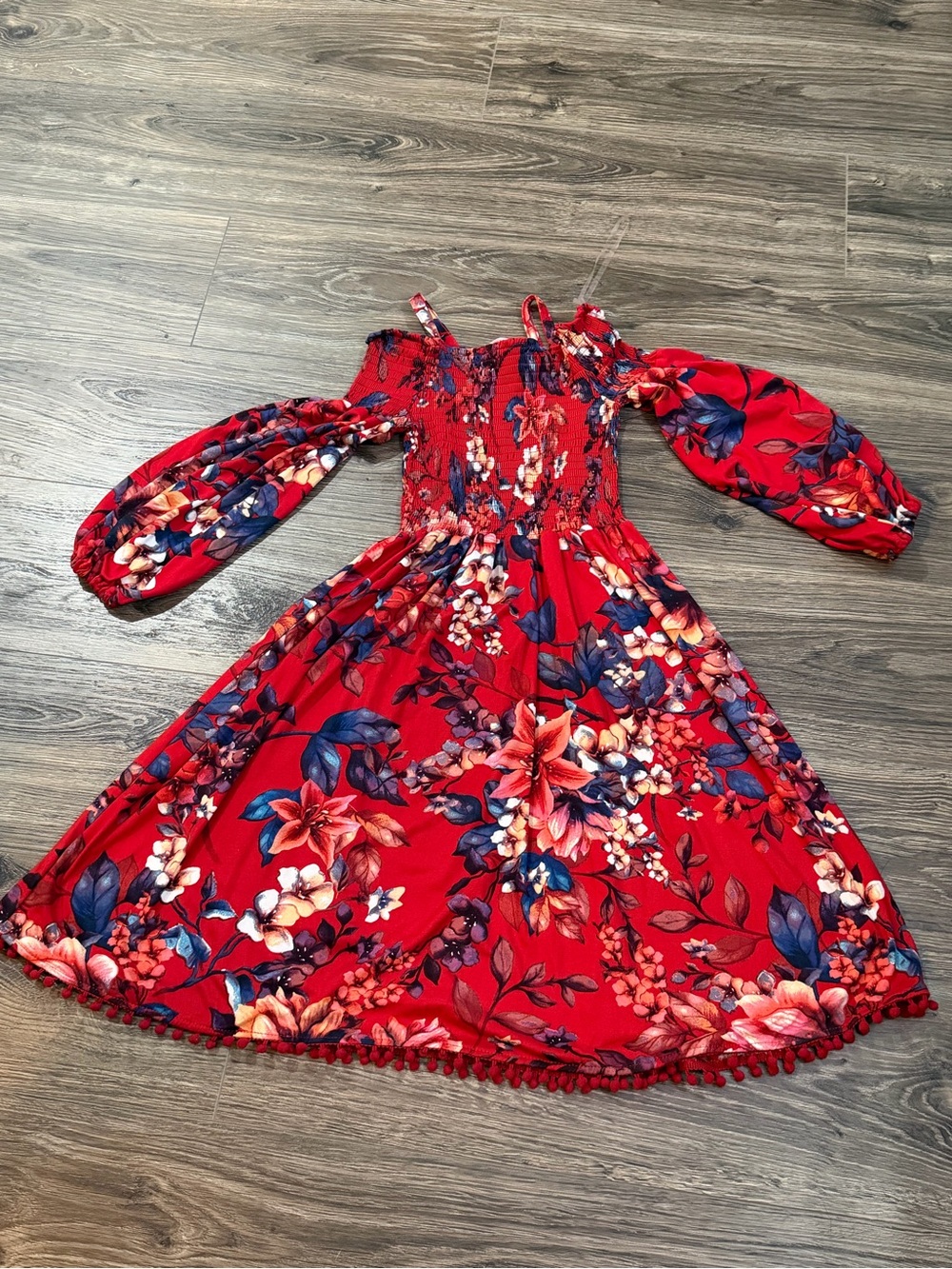 🫶🏼1st Kiss Girls floral Patterned dress with bottom lined pom-poms size 14/16